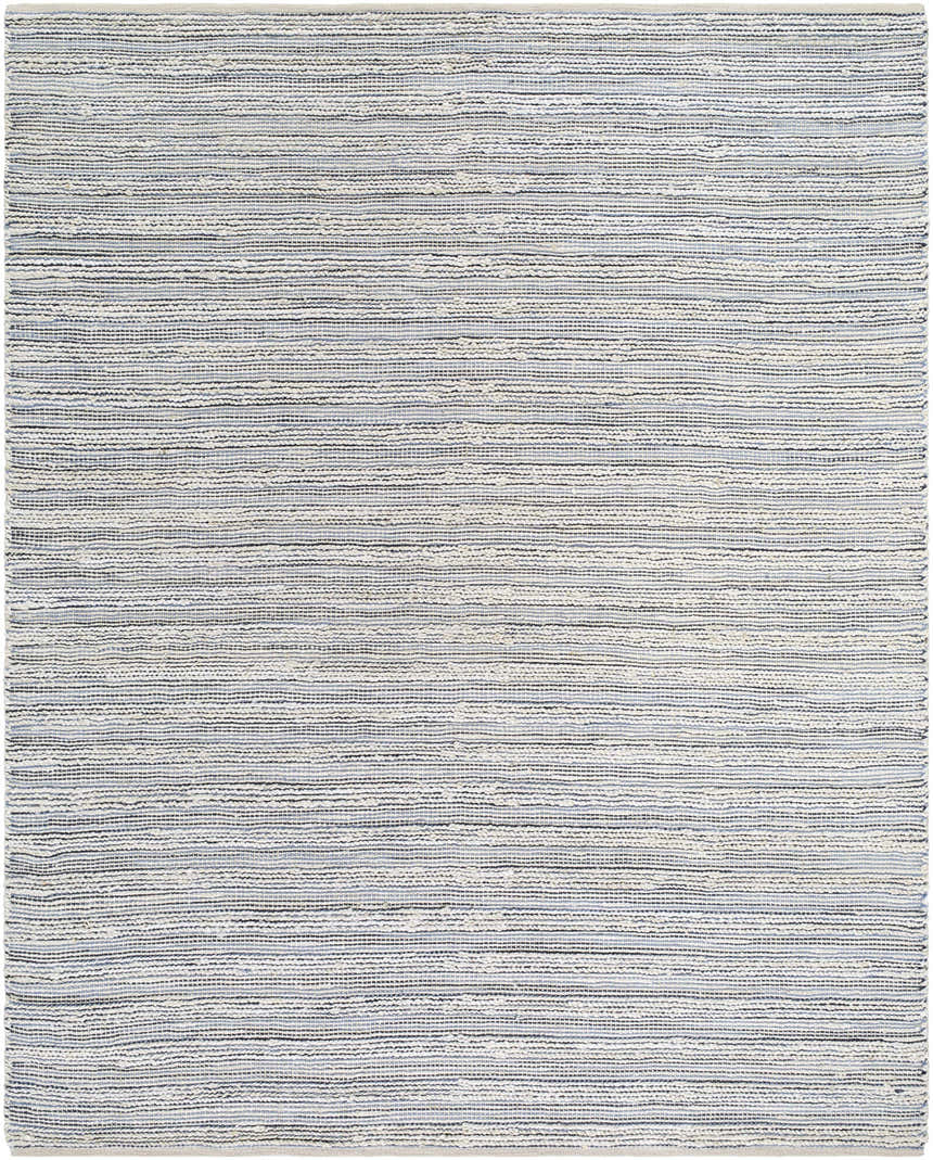 Close-up of the hand woven Totolan Area Rug. Jute rug with beige, denim, and black horizontal stripes. Design-Rectangle-810