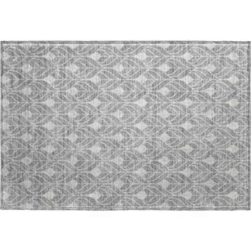 Dalyn Luxury The Reserve TR10 Gray Washable Area Rug with a geometric leaf pattern in shades of gray and white.