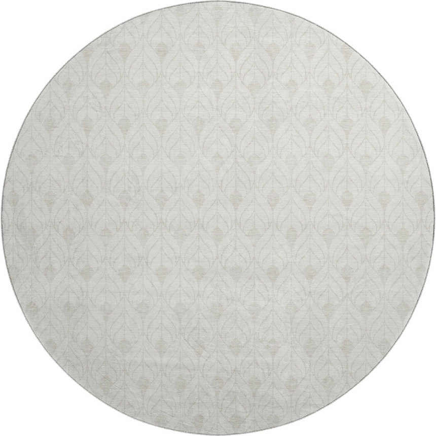 Close-up of round Dalyn Luxury The Reserve TR10 Ivory Washable Area Rug with beige geometric pattern.