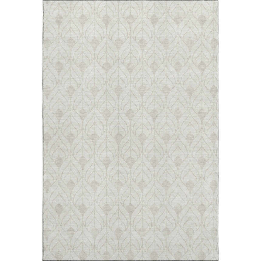 Close-up of Dalyn Luxury Indoor/Outdoor The Reserve TR10 Ivory Washable Area Rug with a beige geometric leaf pattern.