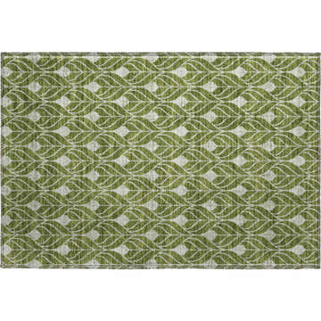 Close-up of Dalyn Luxury Indoor/Outdoor The Reserve TR10 Olive Washable Area Rug. Beige rug with olive geometric leaf pattern.