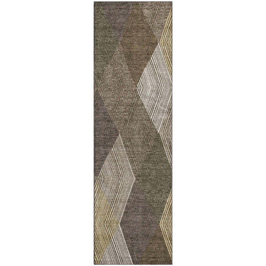 Dalyn Luxury The Reserve TR11 Brown Washable Area Rug with geometric design in beige, dark brown, fudge, and peach.