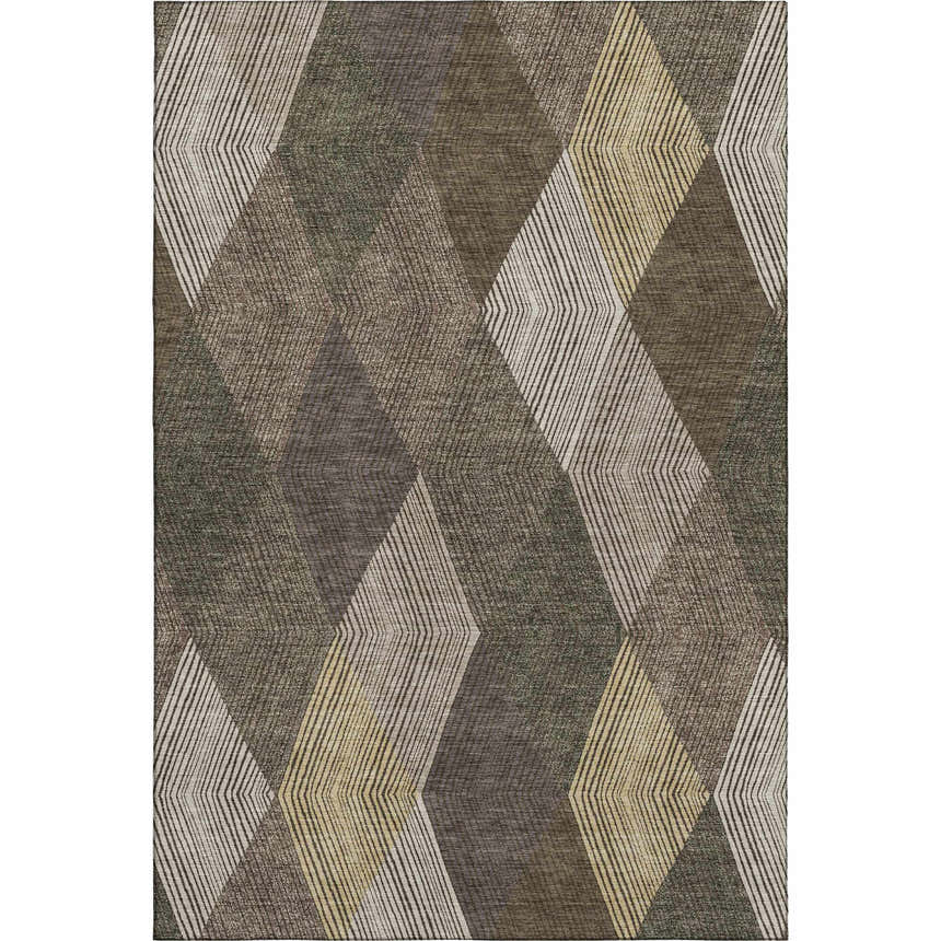 Close-up of the Dalyn Luxury Indoor/Outdoor The Reserve TR11 Brown Washable Area Rug. Geometric pattern in beige, brown, and peach tones.