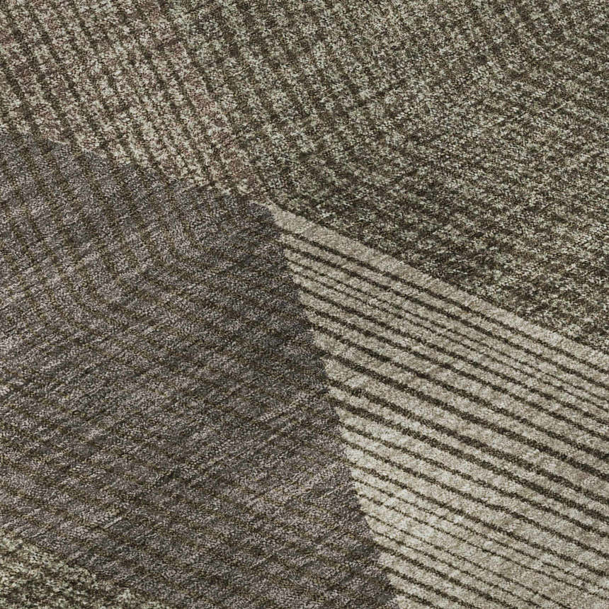 Close up of the Dalyn Luxury The Reserve TR11 Brown Washable Area Rug. Geometric pattern in beige, dark brown, and fudge tones.