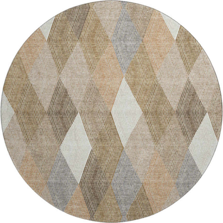 Close-up of the round Dalyn Luxury The Reserve TR11 Copper Washable Area Rug with geometric beige, caramel, and chestnut pattern.