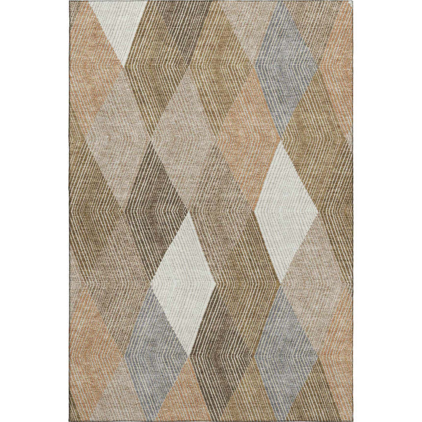 Dalyn Luxury The Reserve TR11 Copper Washable Area Rug with beige, caramel, chestnut, paprika, and taupe geometric pattern.