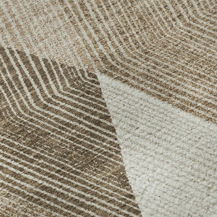 Close up of Dalyn Luxury The Reserve TR11 Copper Washable Area Rug. Beige and brown geometric pattern.