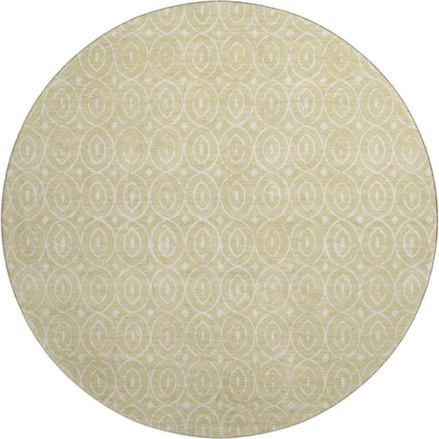 Close-up of the round Dalyn Luxury The Reserve TR12 Wheat Washable Area Rug with a geometric pattern in wheat and white.