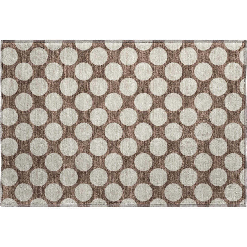 Close-up of the Dalyn Luxury The Reserve TR13 Coffee Washable Area Rug. Beige circles on a coffee-colored background.