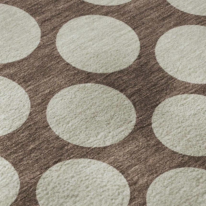 Close-up of Dalyn Luxury Indoor/Outdoor The Reserve TR13 Coffee Washable Area Rug with beige circles on a coffee background.