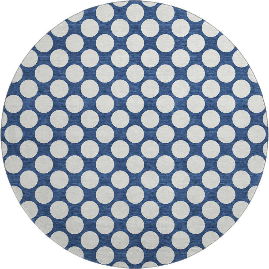 Dalyn Luxury The Reserve TR13 Navy rug, round shape. Features a geometric polka dot pattern in navy and white.