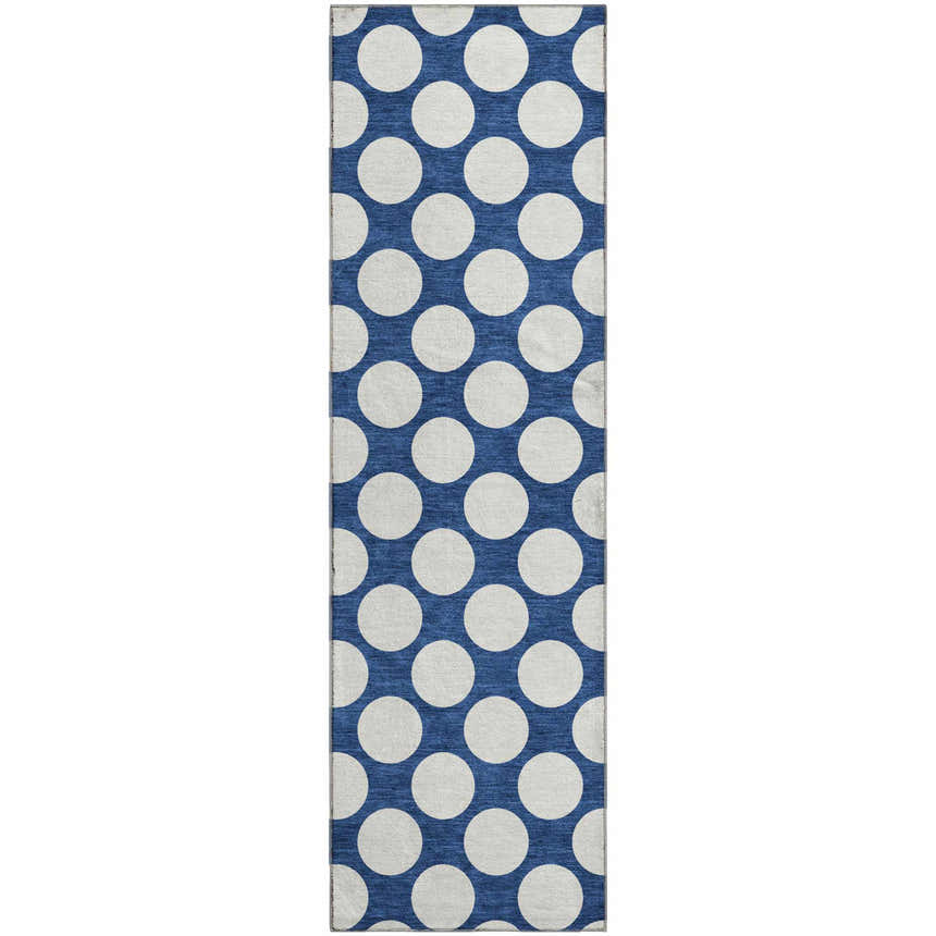 Dalyn Luxury The Reserve TR13 Navy Washable Area Rug with a white polka dot pattern. Modern geometric style.
