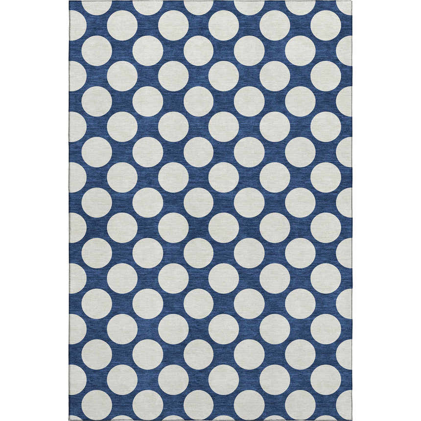 Dalyn Luxury The Reserve TR13 Navy Washable Area Rug with a large white polka dot geometric pattern.