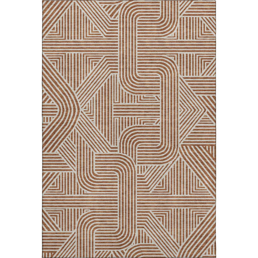 Dalyn Luxury The Reserve TR14 Paprika rug features a geometric pattern with paprika and white stripes.