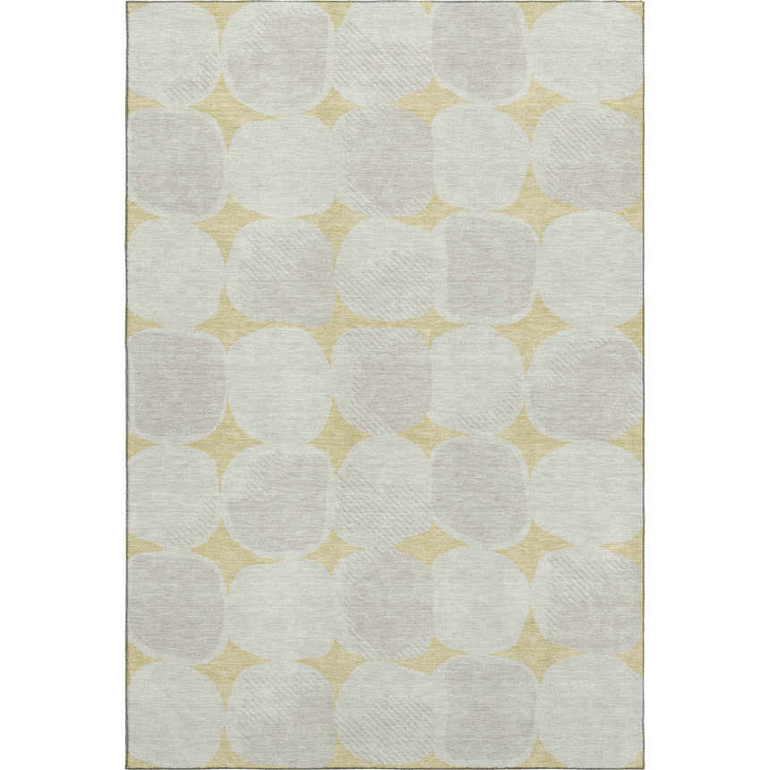 Close-up of Dalyn Luxury The Reserve TR16 Wheat Washable Area Rug. Beige and peach geometric circles pattern.