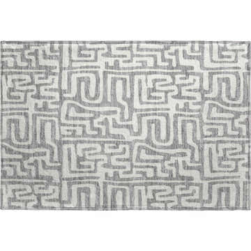 Dalyn Luxury The Reserve TR1 Gray Washable Area Rug with a maze-like geometric pattern in gray and off-white.