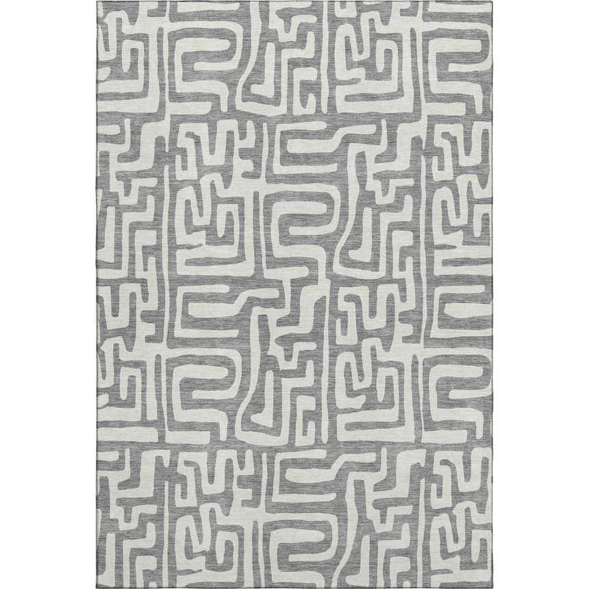 Close-up of the Dalyn Luxury Indoor/Outdoor The Reserve TR1 Gray Washable Area Rug with a geometric maze pattern.