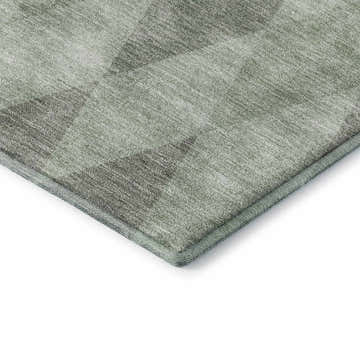Close-up of Dalyn Luxury Indoor/Outdoor The Reserve TR2 Fern Washable Area Rug. Geometric pattern in aloe, green, and muted sage.