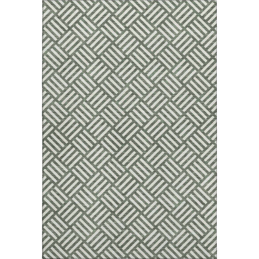 Close-up of Dalyn Luxury The Reserve TR3 Basil Washable Area Rug. Geometric pattern in basil and chestnut colors.