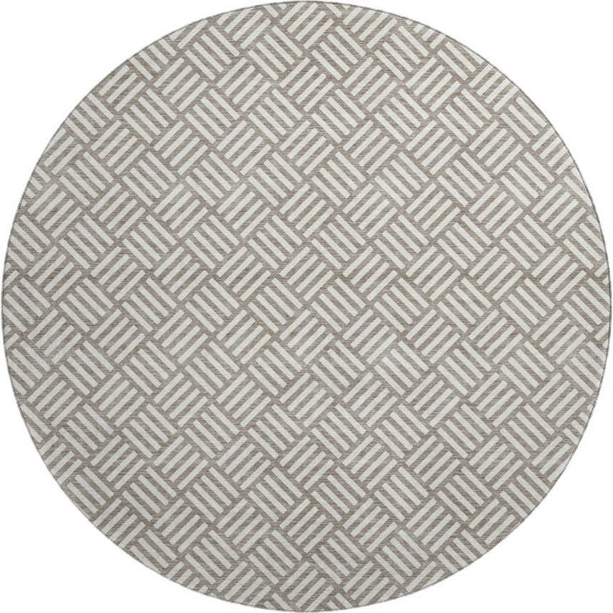 Close-up of round Dalyn Luxury The Reserve TR3 Taupe Washable Area Rug with a geometric chestnut and ivory pattern.