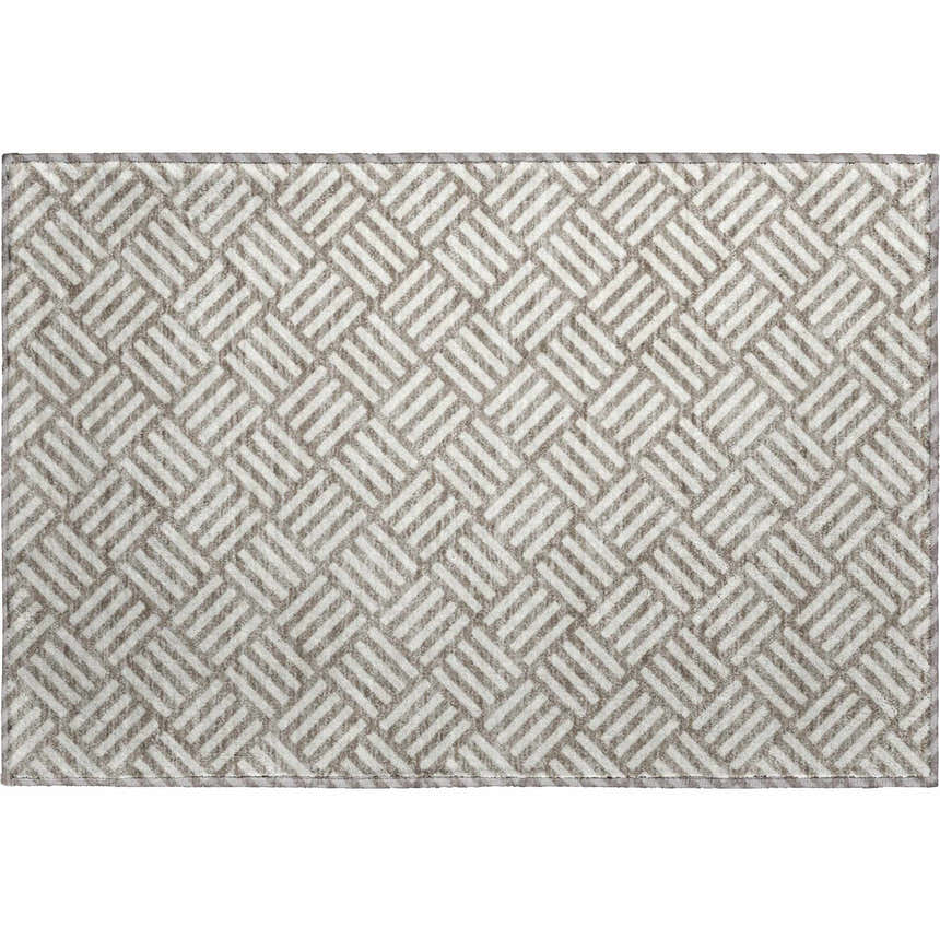 Close-up of the Dalyn Luxury The Reserve TR3 Taupe Washable Area Rug. Geometric pattern in chestnut and ivory.