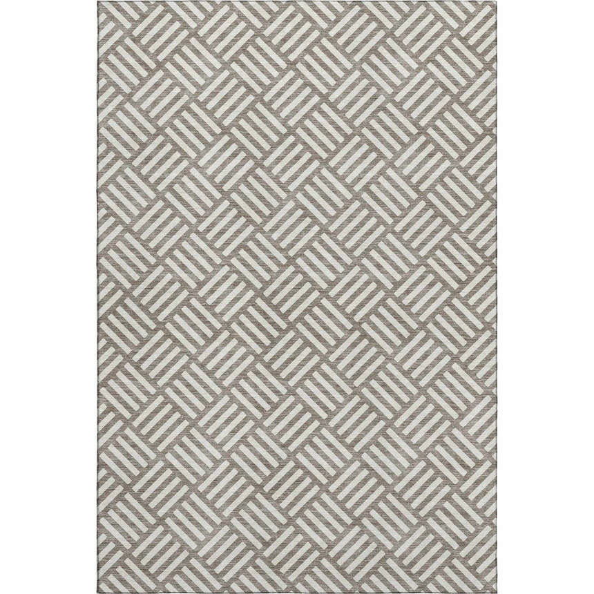 Close-up of the Dalyn Luxury The Reserve TR3 Taupe Washable Area Rug featuring a geometric chestnut and ivory pattern.