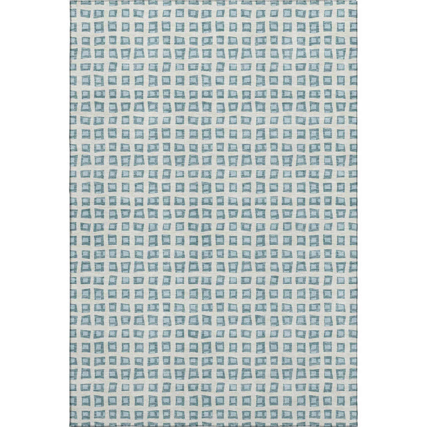 Dalyn Luxury Indoor/Outdoor The Reserve TR4 Teal Washable Area Rug with a geometric square pattern.