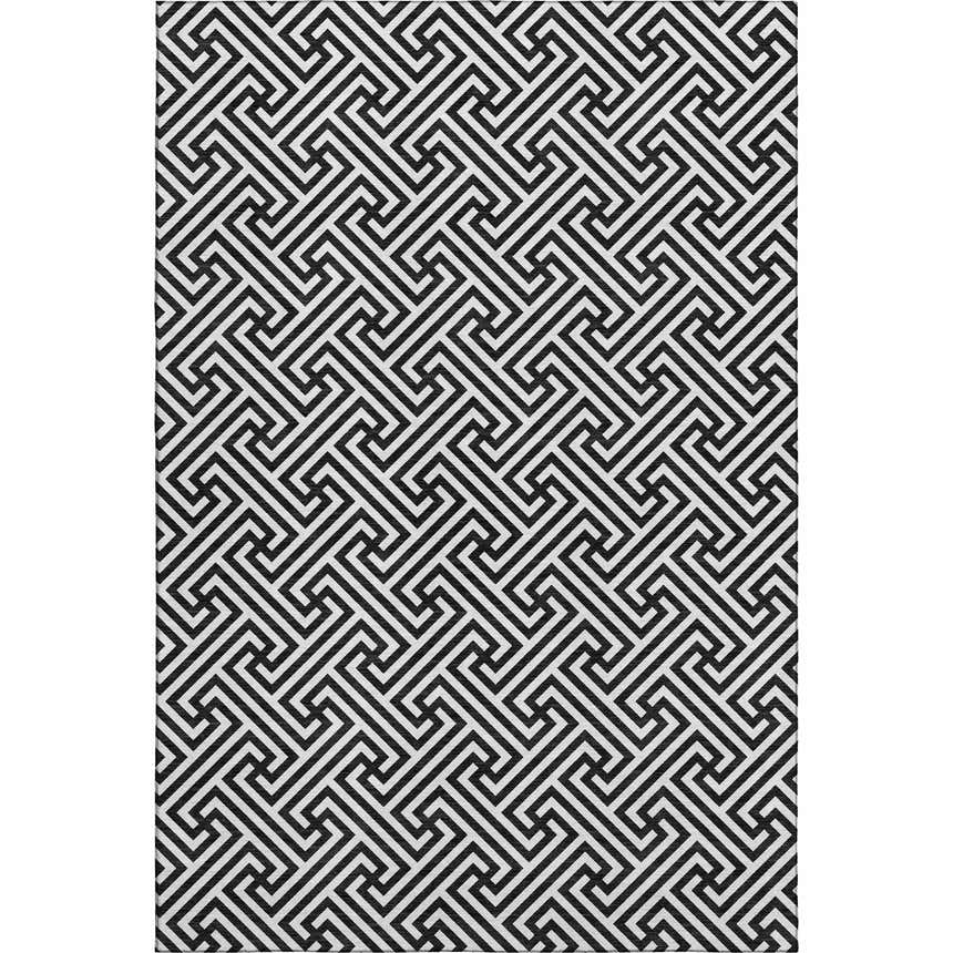 Close-up of the Dalyn Luxury Indoor/Outdoor The Reserve TR5 Black Washable Area Rug featuring a bold geometric pattern.