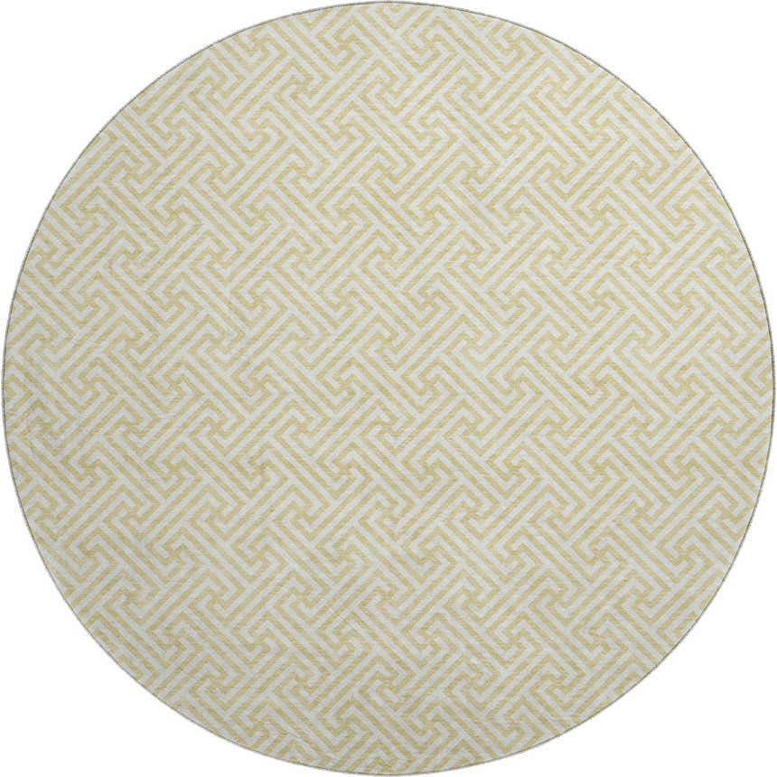 Close-up of a round Dalyn Luxury The Reserve TR5 Wheat Washable Area Rug with a geometric maze pattern in wheat and cream.