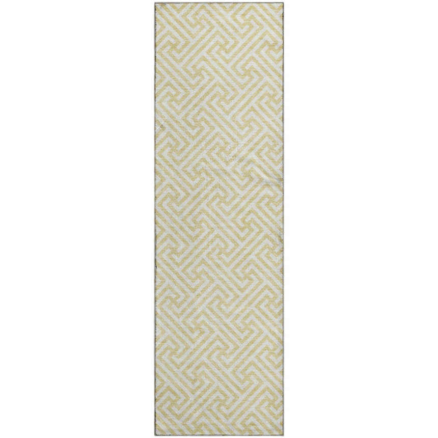 Close-up of the Dalyn Luxury Indoor/Outdoor The Reserve TR5 Wheat Washable Area Rug with a geometric pattern in wheat and white.