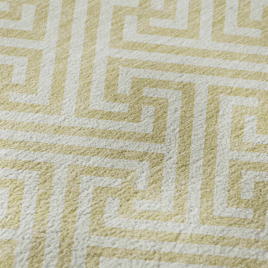 Close-up of Dalyn Luxury The Reserve TR5 Wheat Washable Area Rug. Geometric design in wheat and white. Soft texture.