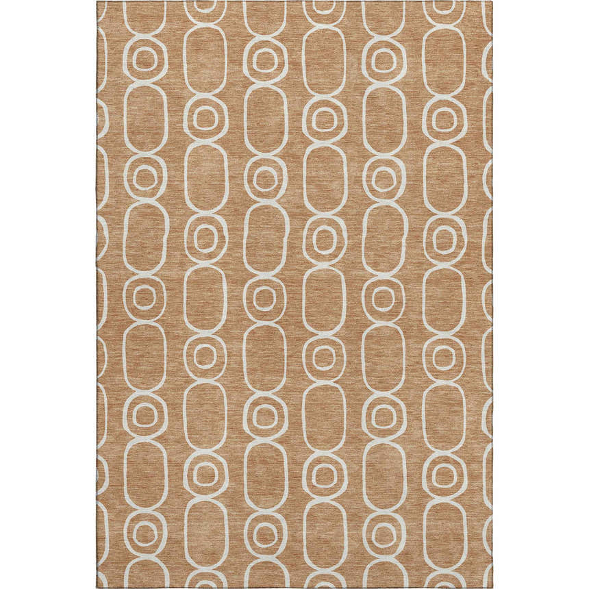 Dalyn Luxury The Reserve TR6 Copper Washable Area Rug with a caramel background and geometric white oval and circle pattern.