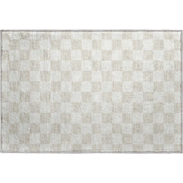 Close-up of Dalyn Luxury The Reserve TR7 Linen Washable Area Rug with a beige and chestnut geometric checkerboard pattern.