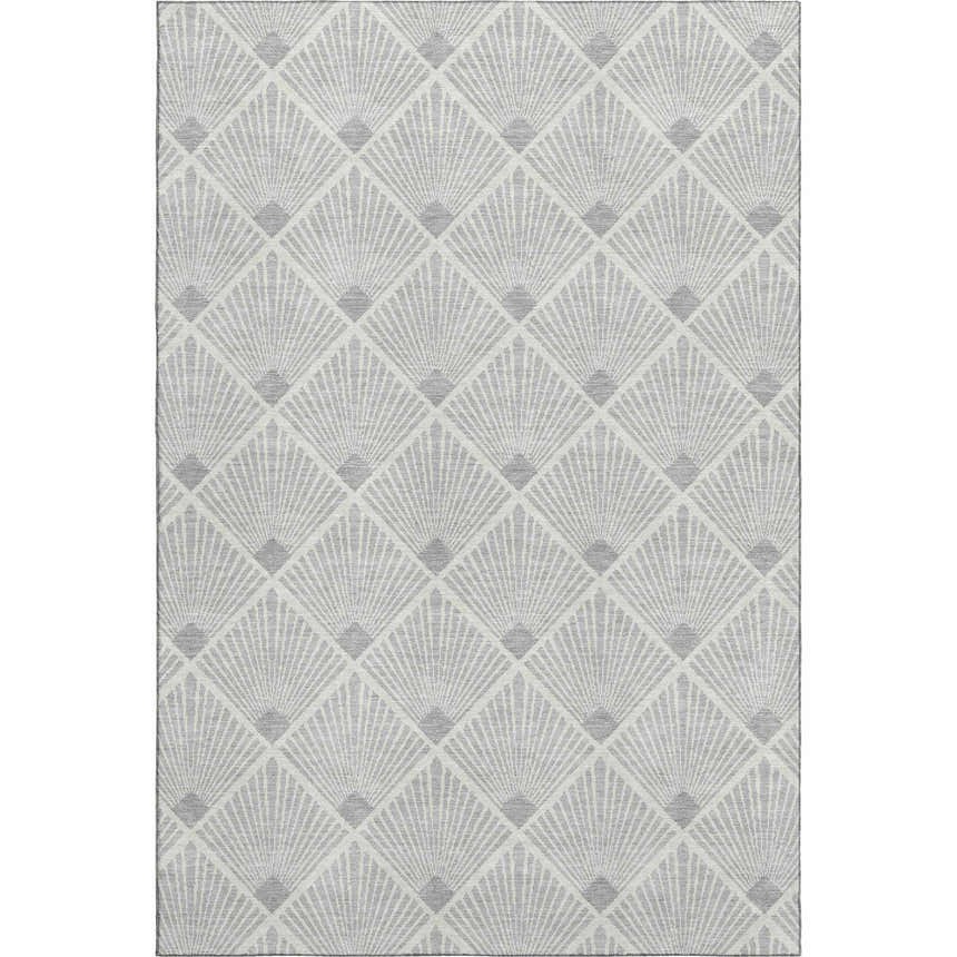 Dalyn Luxury The Reserve TR9 Silver Washable Area Rug with a geometric fan pattern in silver gray and chestnut.