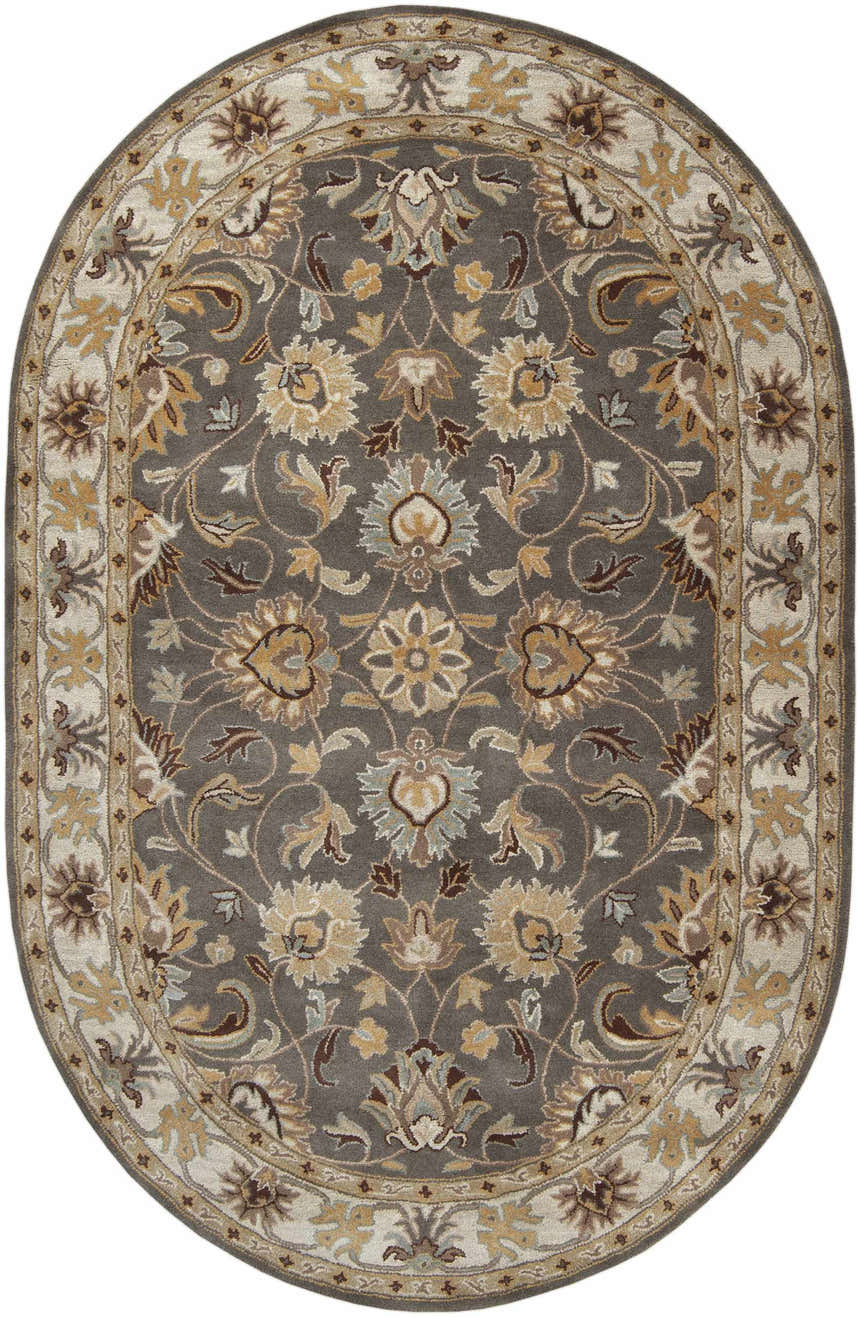 Close-up of the oval Cherryfield Hand Tufted Taupe Wool Rug featuring a floral pattern in taupe, beige, brown, and yellow. Design-Oval-69