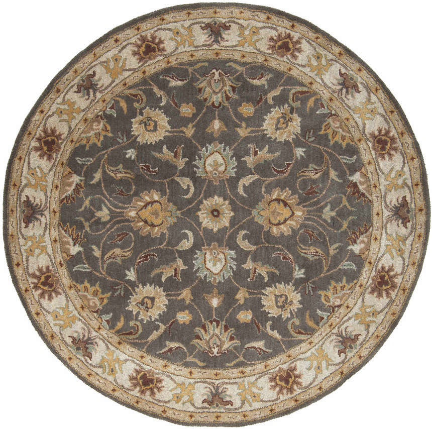 Close-up of round Cherryfield Hand Tufted Taupe Wool Rug with floral pattern and beige, brown, and yellow accents. Design-Round-6