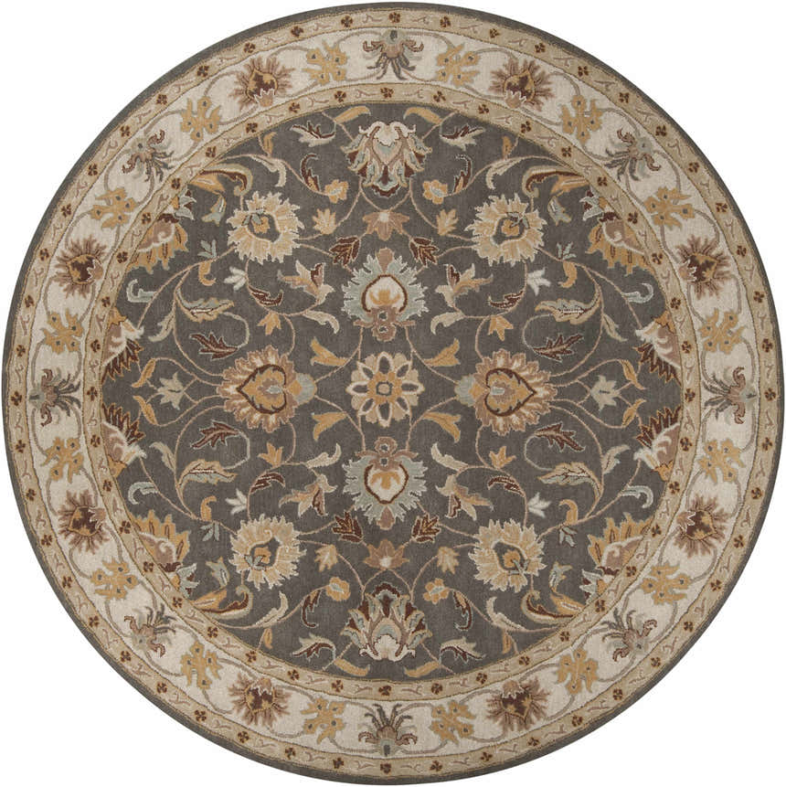 Close-up of the round Cherryfield Hand Tufted Taupe Wool Rug, featuring a floral design in taupe, beige, brown, and yellow. Design-Round-8