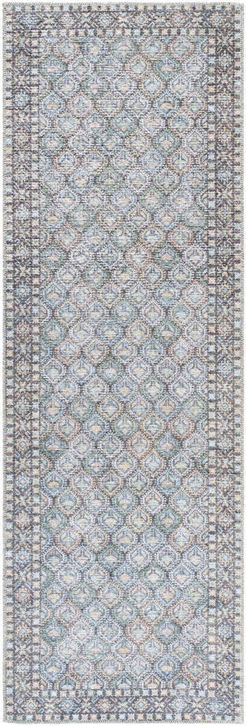 Close-up of the Telma Medium Green Washable Area Rug. Features a traditional diamond pattern in green, blue, cream, and black. Design-Runner-27710
