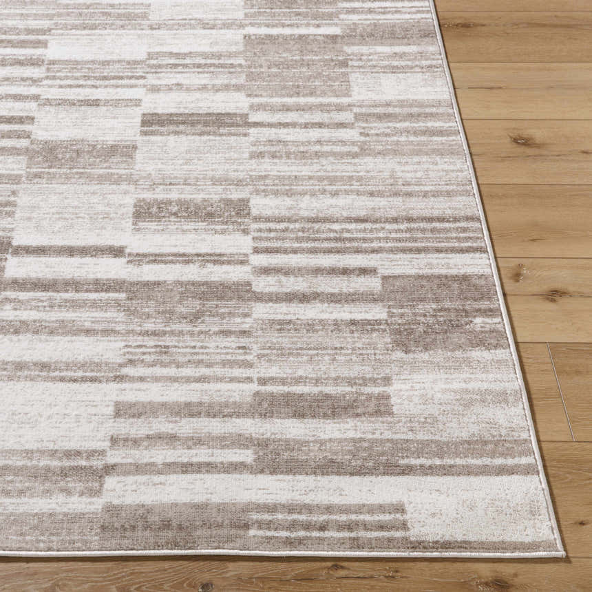 Close-up of the Tehya Beige Area Rug showing its light silver and silver gray contemporary pattern on wood floors. Front