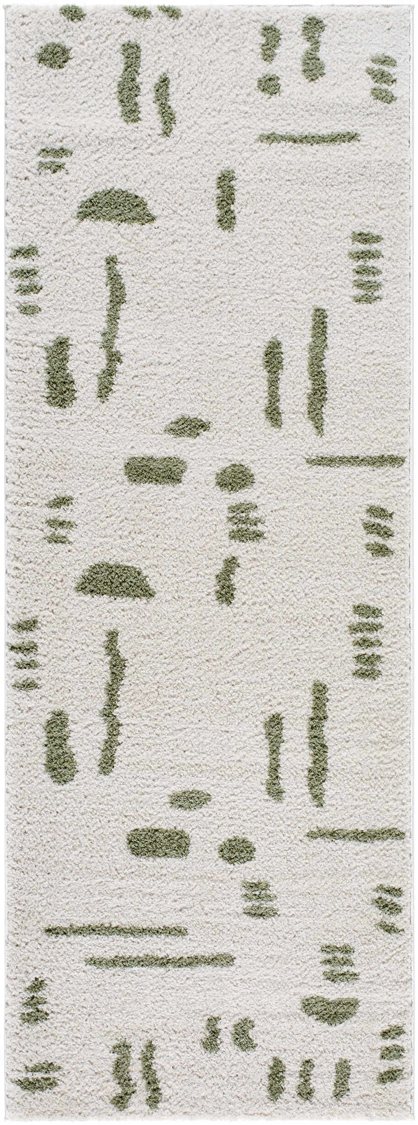 Close up of the Azriel Green Washable Area Rug. Features a lime green abstract pattern on a textured, off-white background. Design-Runner-2773