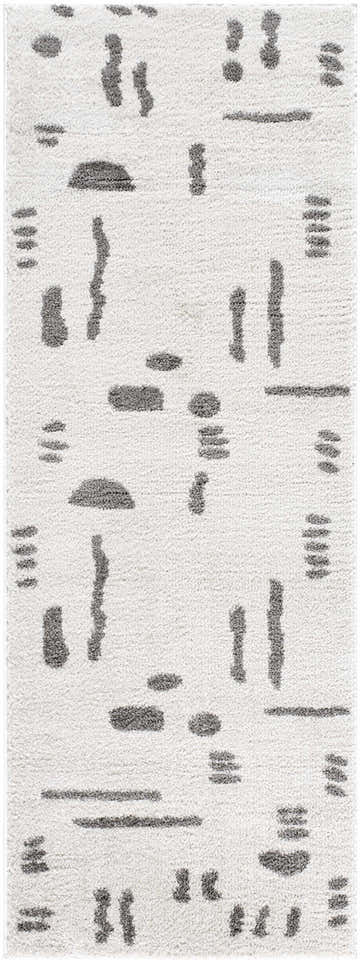 Close-up of the Azriel Charcoal Washable Area Rug. Features a contemporary charcoal abstract pattern on a textured white base. Design-Runner-2773
