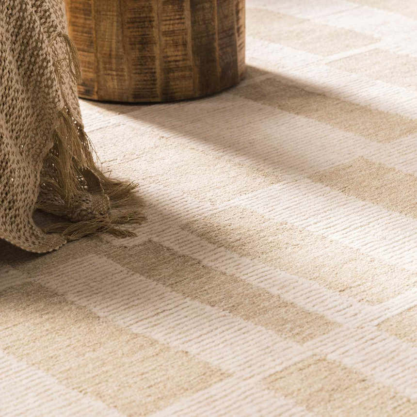 Close-up of the Teige Light Silver Area Rug showing a textured, striped design in light silver and sterling gray wool. Styleshot