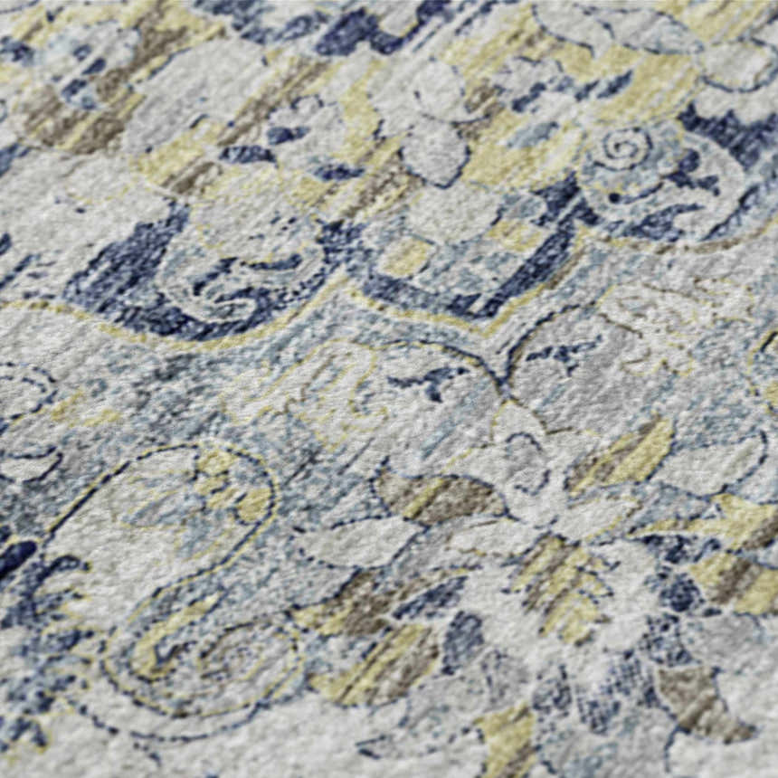 Close-up of the Dalyn Tuscany TU1 Silver Area Rug showcasing its beige, gold, and silver gray traditional pattern.
