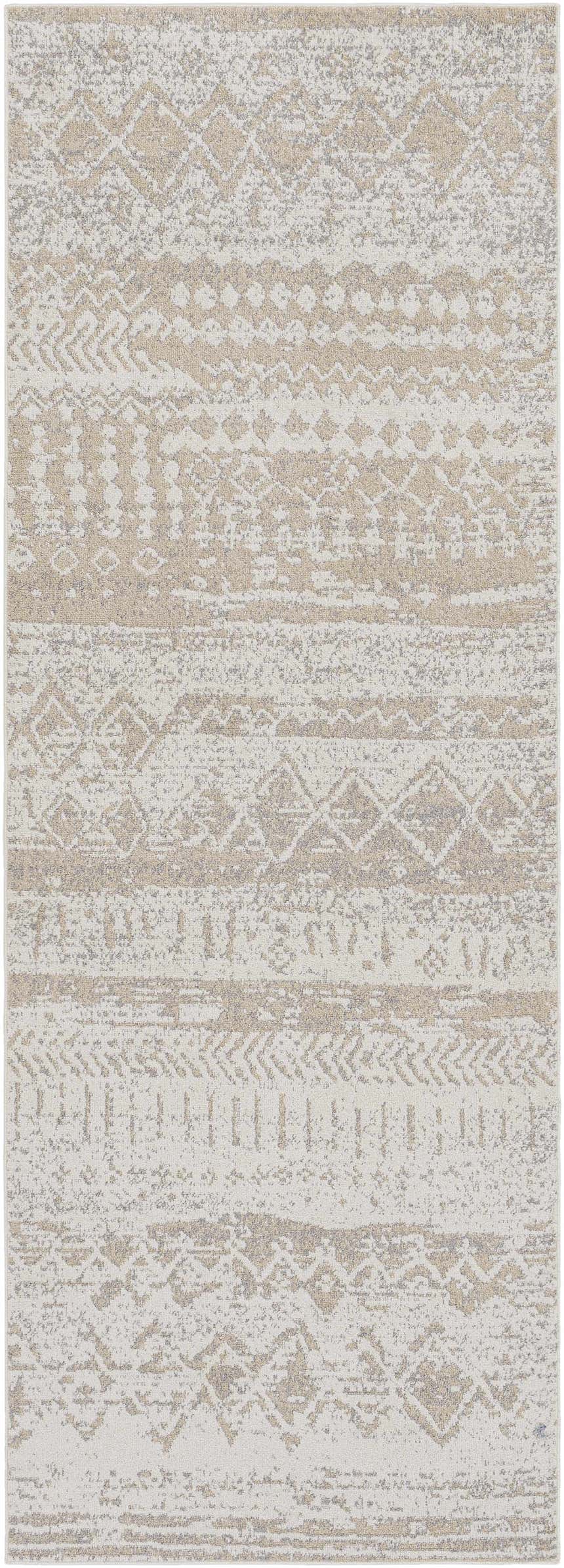 Close-up of the Tupsan Washable Area Rug. Cream, light beige, and light gray geometric pattern. Contemporary style. Design-Runner-2773