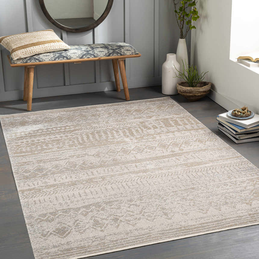 Entryway with Tupsan Washable Area Rug in cream and light beige. Bench, mirror, books, and plants create a welcoming space. Roomscene-Rectangle