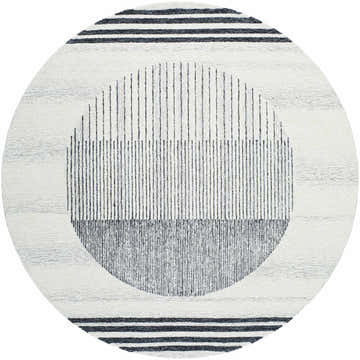 Round Turgut Modern Wool Rug with black stripes and a charcoal vertical line pattern on light beige wool. Design-Round-6