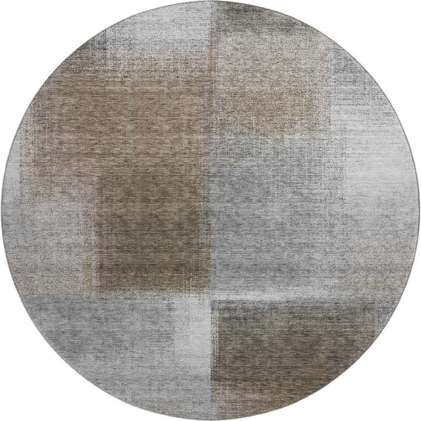 Close-up of the round Dalyn Luxury Trevi TV10 Pewter Washable Area Rug with beige, brown, and gray geometric pattern.