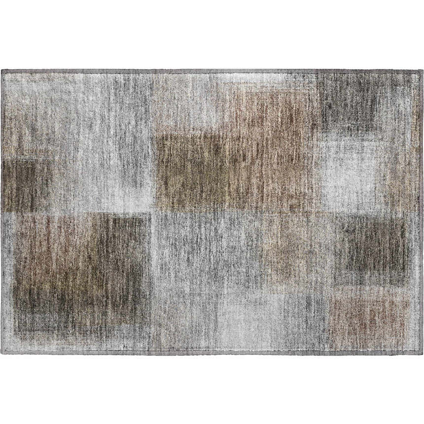 Close-up of the Dalyn Luxury Indoor/Outdoor Trevi TV10 Pewter Washable Area Rug. Beige, brown, and gray patchwork design.