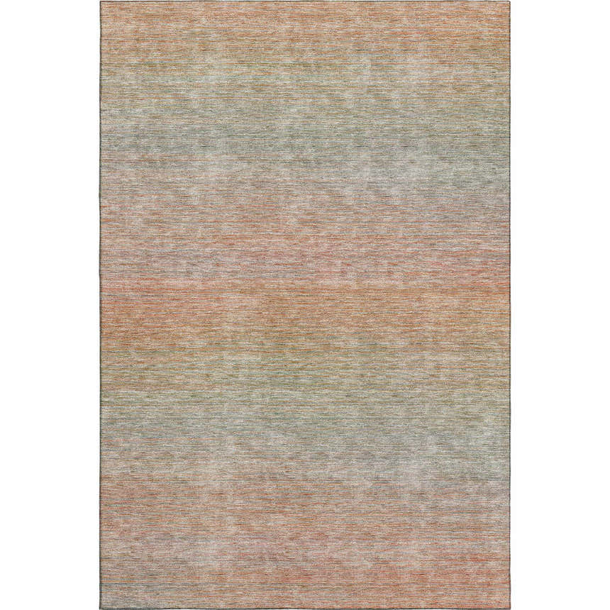 Close-up of the Dalyn Luxury Trevi TV11 Coral Washable Area Rug with beige, coral, and brown horizontal stripes.