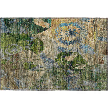 Close-up of the Dalyn Luxury Trevi TV15 Taupe Washable Area Rug with a beige, green, and blue abstract floral design.